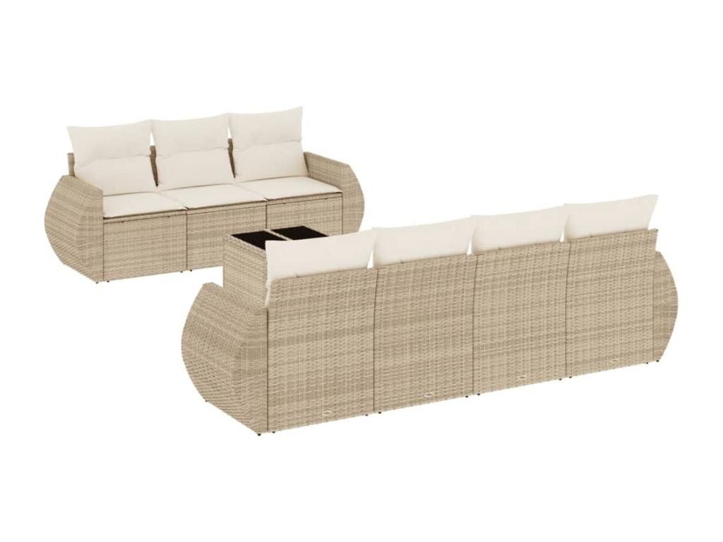 8-piece garden furniture set with cushions, beige woven resin