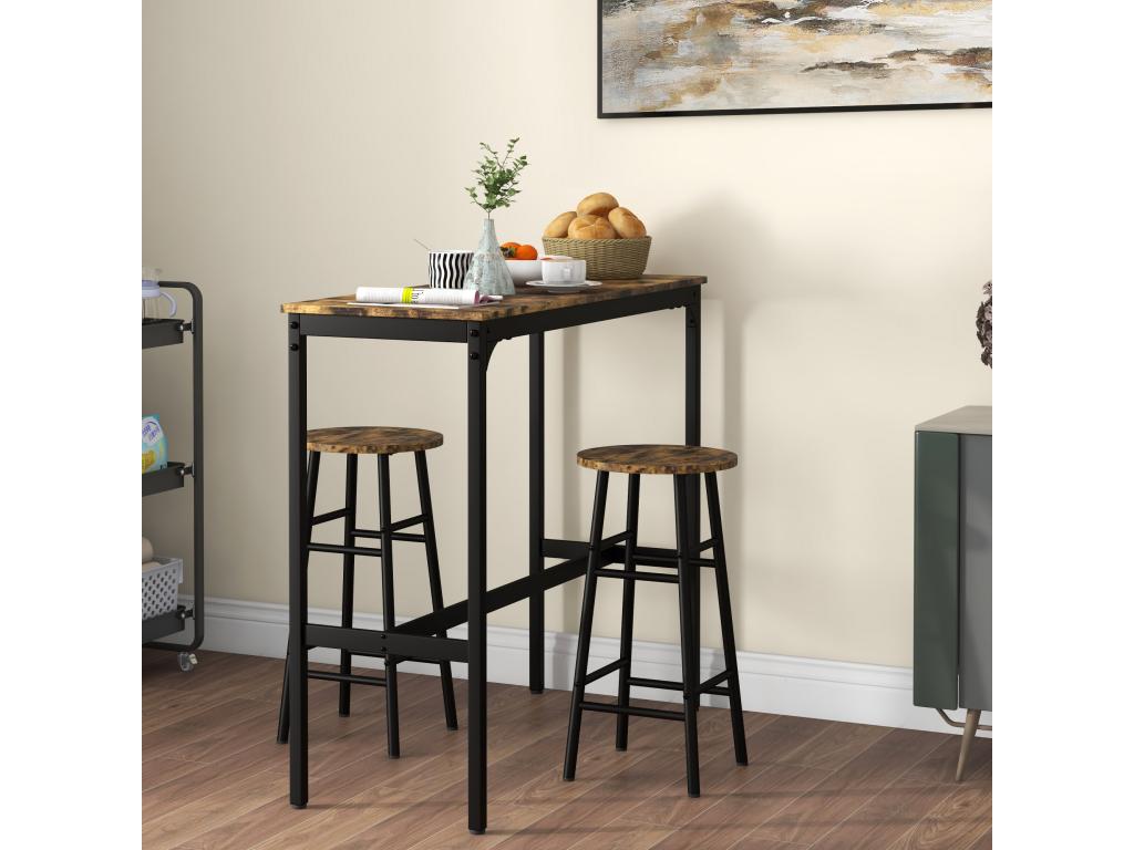Contemporary 3-piece 2-seater set - bar table and 2 bar stools - black steel with aged wood effect