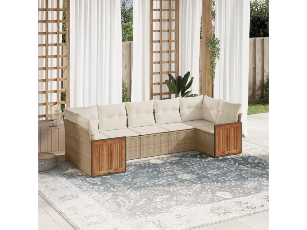 7-piece garden furniture set with cushions, beige woven resin