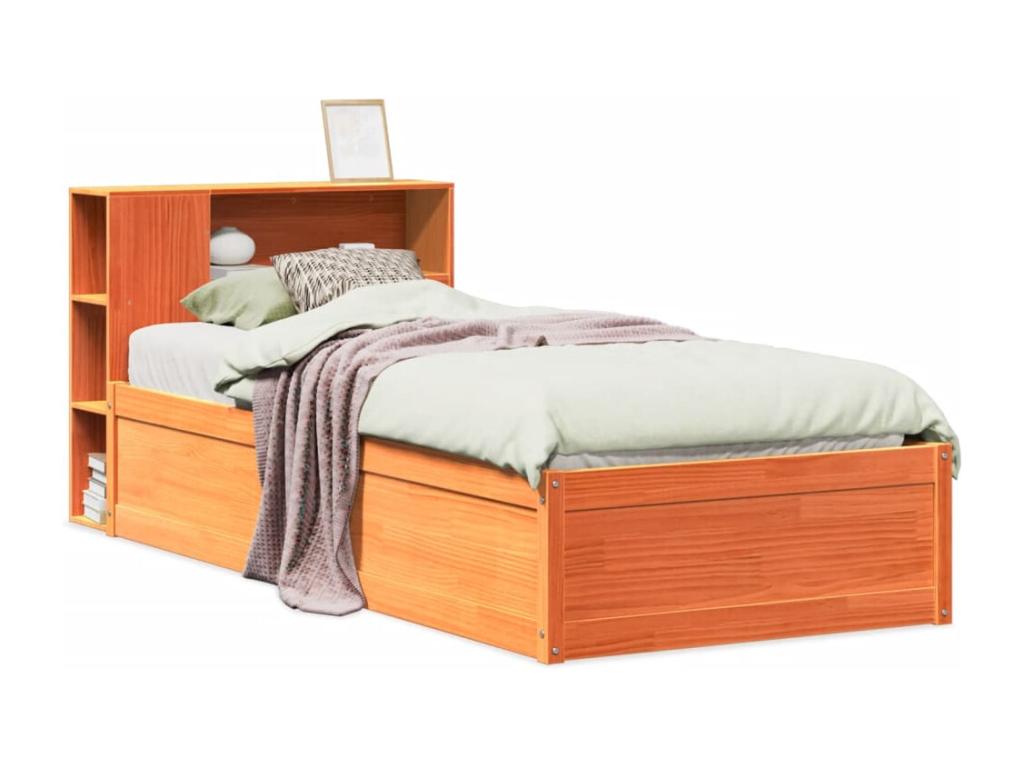 Bed frame without mattress, brown wax finish, 90x200 cm, solid pine wood