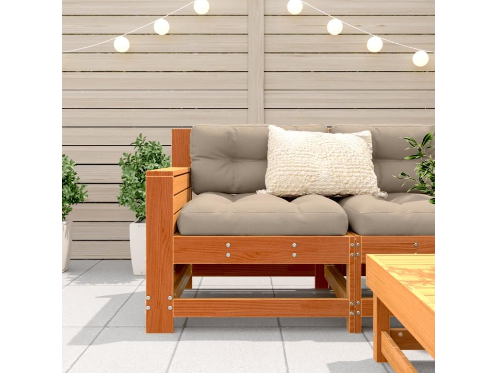 Garden sofa with armrests and brown cushions, solid pine wood