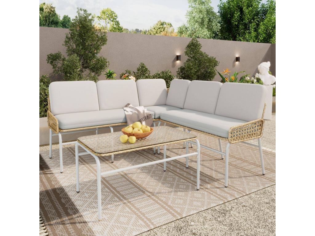 Meubiana sofa for 4-5 people with corner sofa, tempered glass table and apricot grey and natural colour cushions