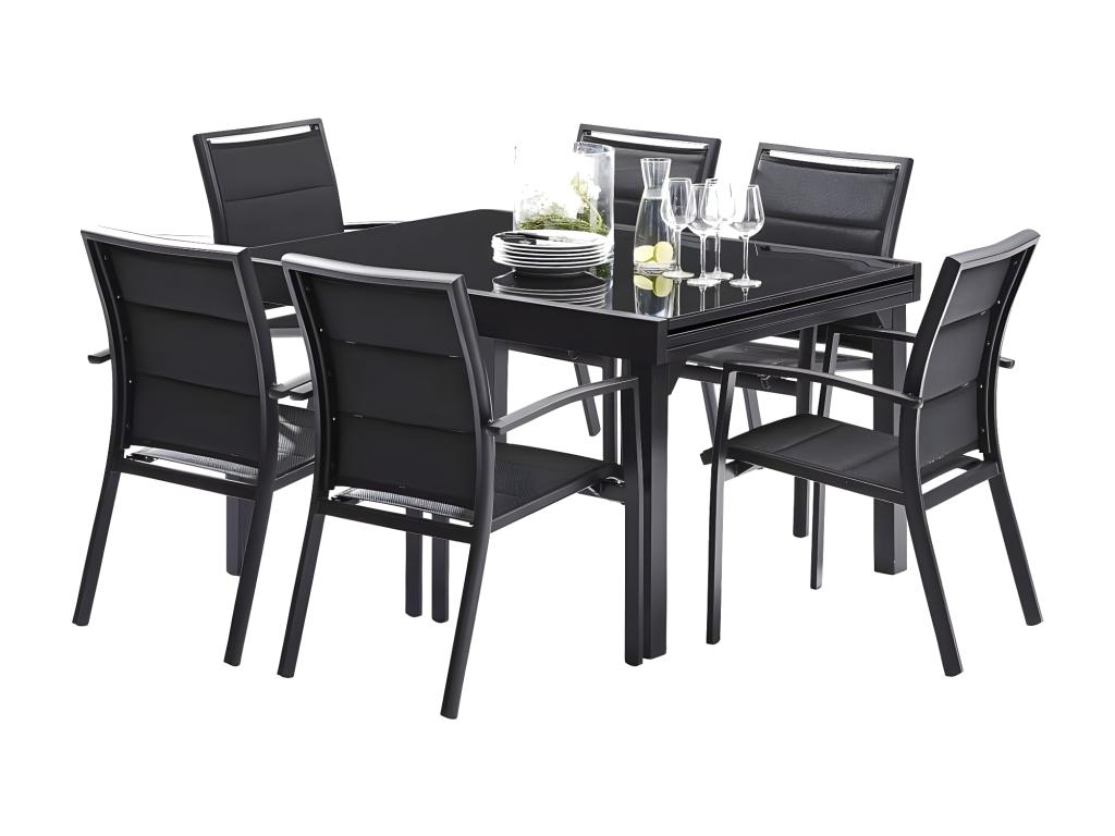 Extendable black aluminum garden furniture set for 6/10 people