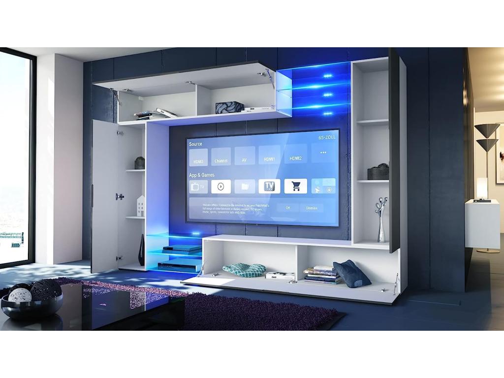 Wall Combination: Body in Matte White/Fronts in High Gloss Burgundy with Blue LED Lighting, 183x262x39