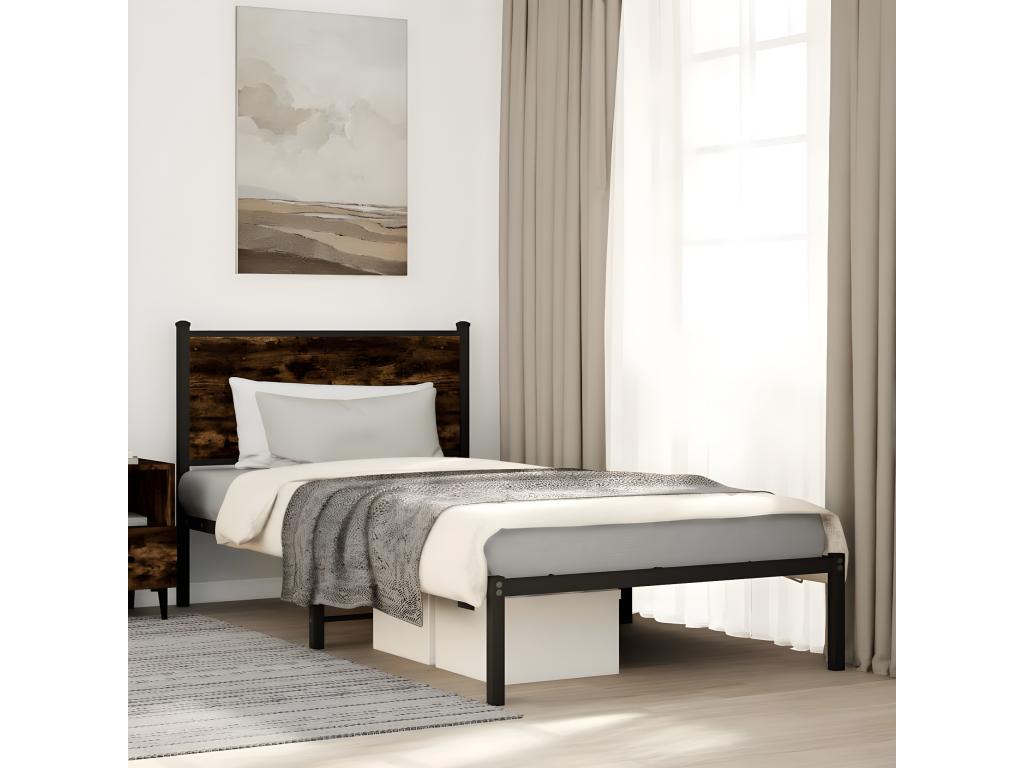 Metal bed frame with smoked oak headboard, 100x190 cm