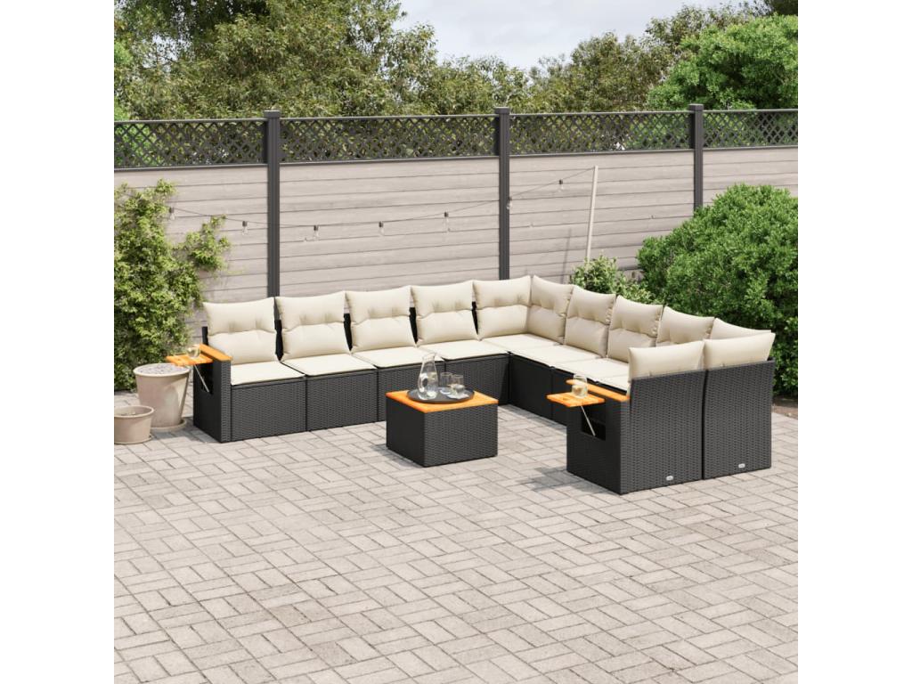 11-piece garden furniture set with cushions, black woven resin