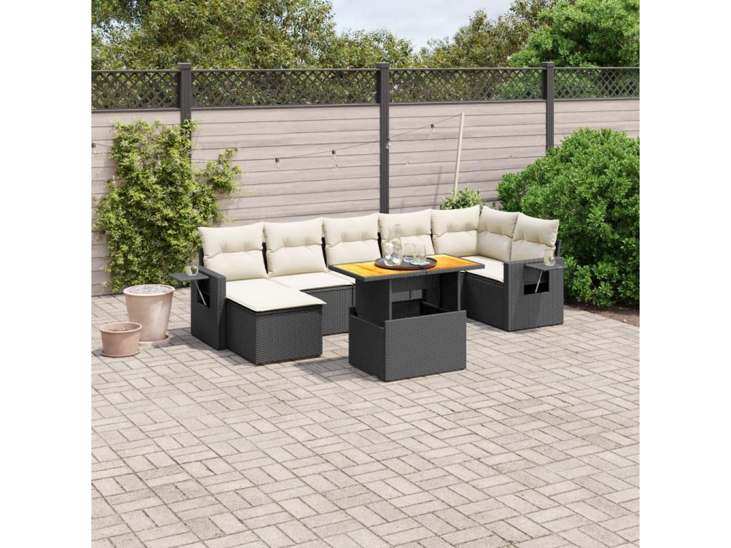 8-piece garden furniture set with cushions, black woven resin
