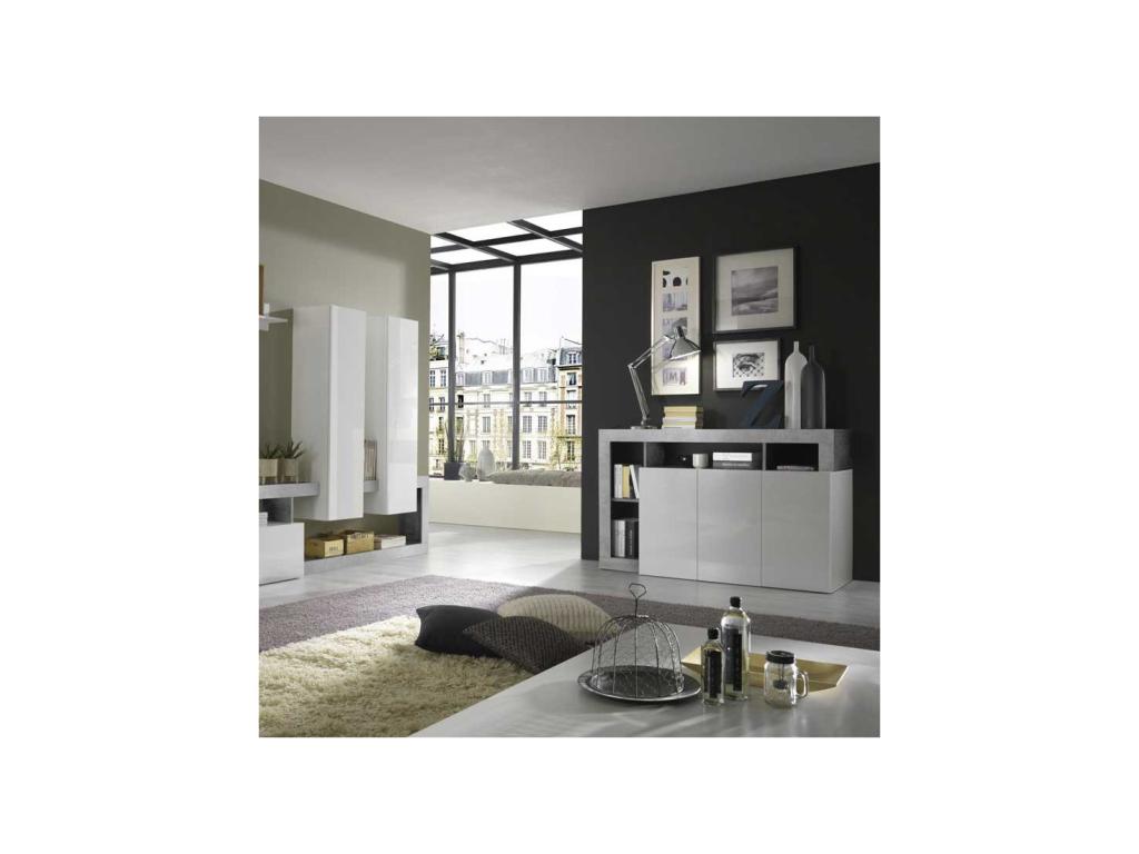 3-Door Buffet in Glossy White Lacquer/Light Polished Concrete - Doucezen