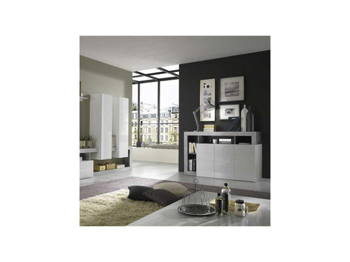 3-Door Buffet in Glossy White Lacquer/Light Polished Concrete - Doucezen