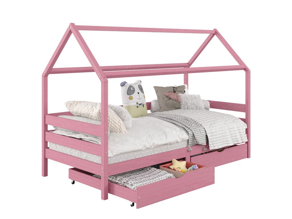 Homzora cabin bed, single Montessori bed for children, 90x200 cm, with storage, 2 drawers and guardrails on 3 sides, pink pine
