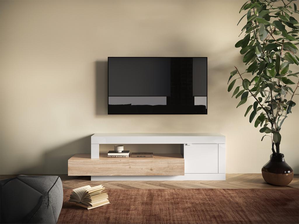 TV stand with 1 door, 1 drawer and 1 shelf - Light natural and white - Meubiana