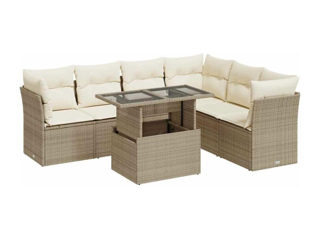 7-piece garden furniture set with cushions, beige woven resin