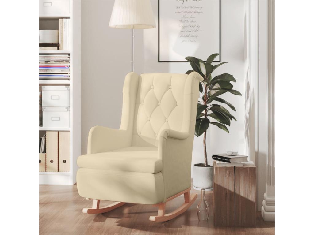 Armchair and rocking legs in solid cream-colored rubberwood fabric