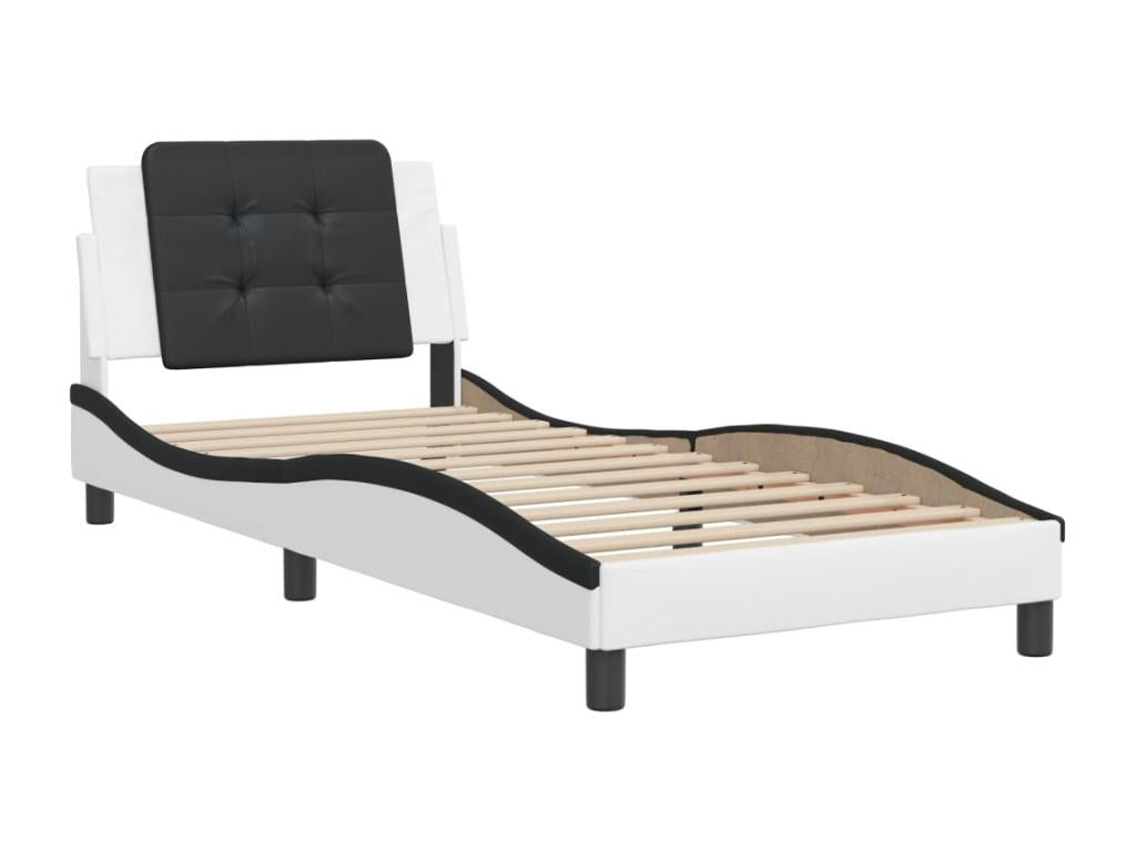 Bed frame with black and white headboard, 90x190 cm, faux leather