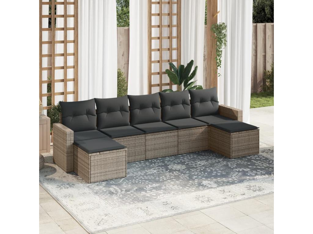 Garden furniture set with cushions, 7 pieces, grey woven resin