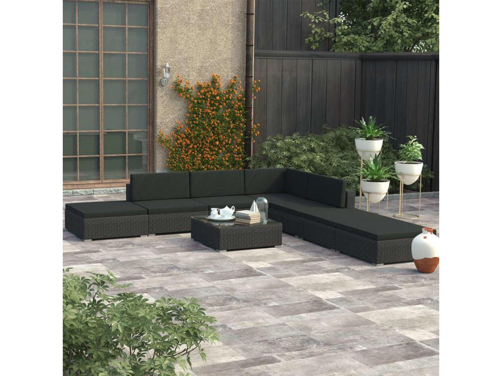 8-piece garden furniture set with cushions, black woven resin