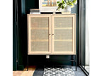 2-door tall sideboard in natural cane and oak effect, 100 cm - Meubiana