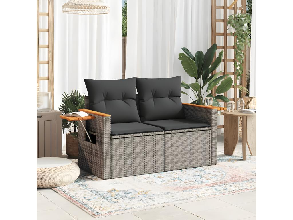 Two-seater garden sofa with grey woven resin cushions