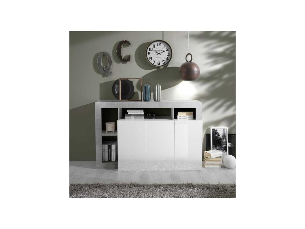 3-Door Buffet in Glossy White Lacquer/Light Polished Concrete - Doucezen