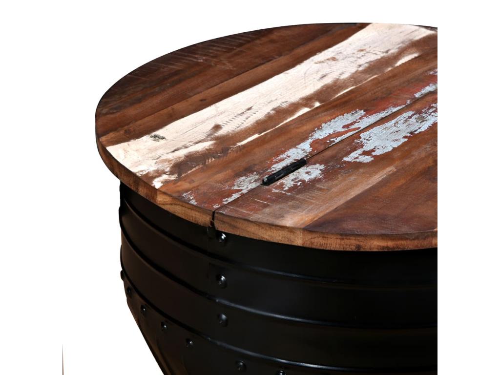 Coffee table, solid reclaimed wood, barrel shape, black