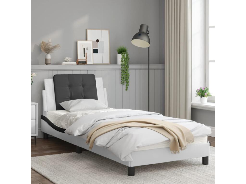 Bed frame with black and white headboard, 90x190 cm, faux leather