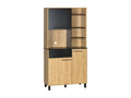 High sideboard with multiple storage options, 3 doors, drawer, 5 niches, two-tone light wood and black finish