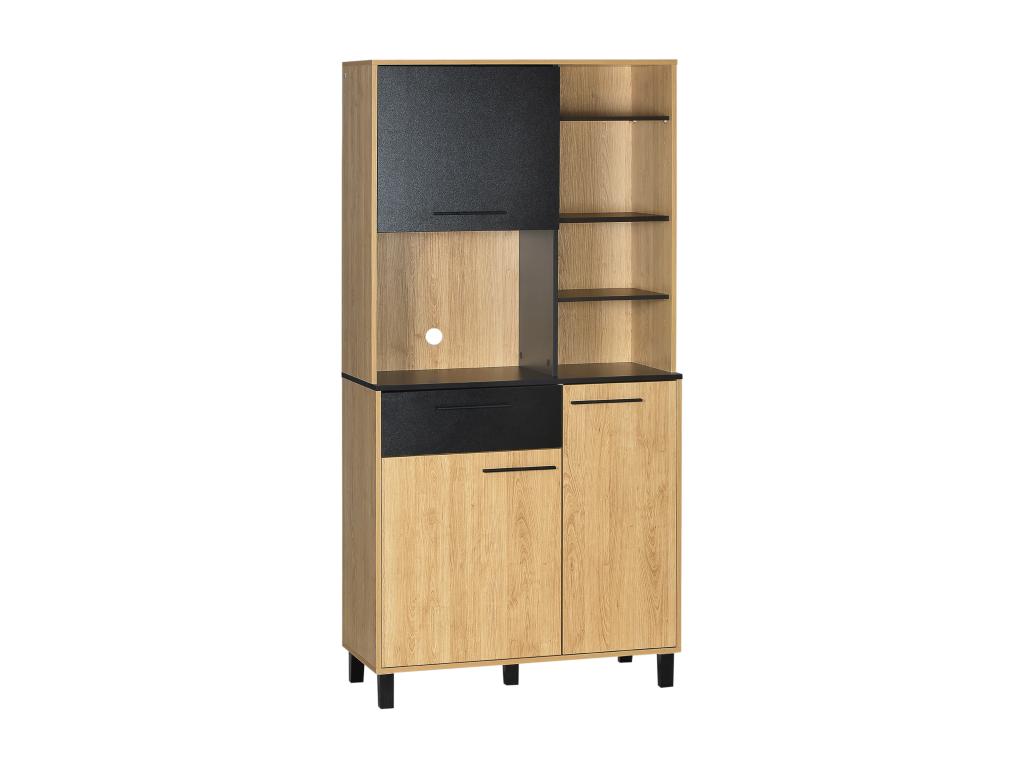 High sideboard with multiple storage options, 3 doors, drawer, 5 niches, two-tone light wood and black finish
