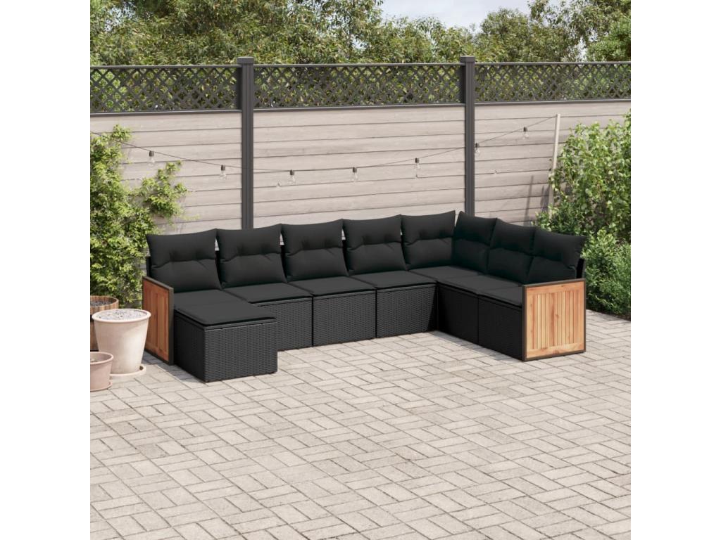 8-piece garden furniture set with cushions, black woven resin