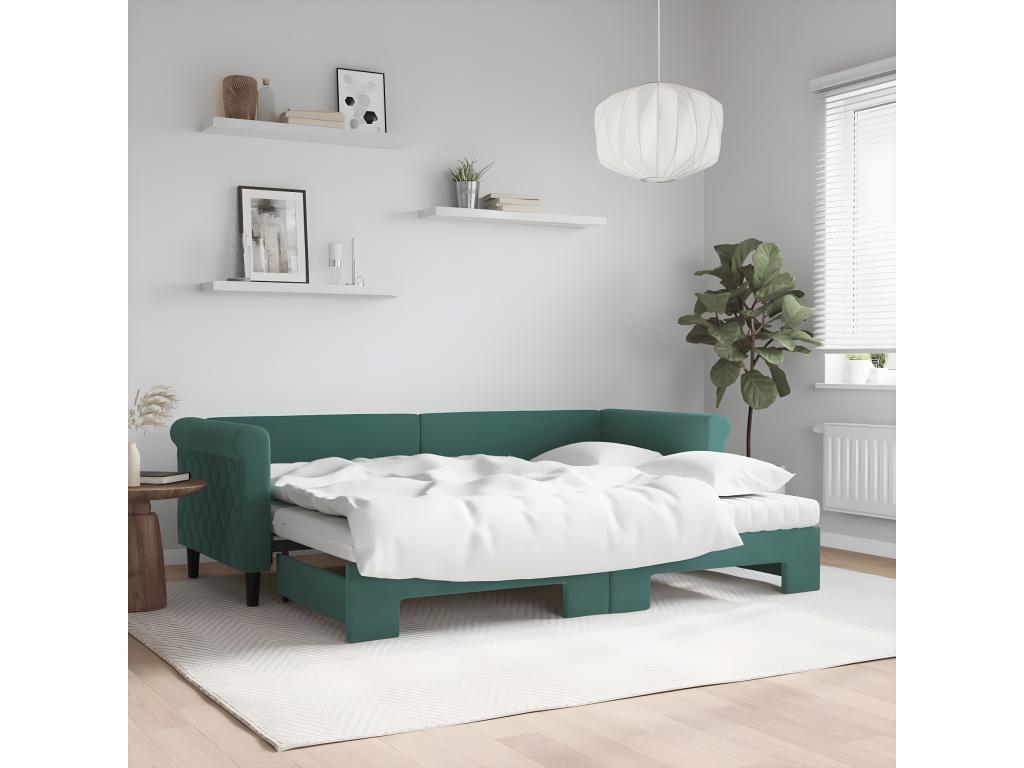 Daybed with pull-out bed and dark green 80x200cm velvet mattress