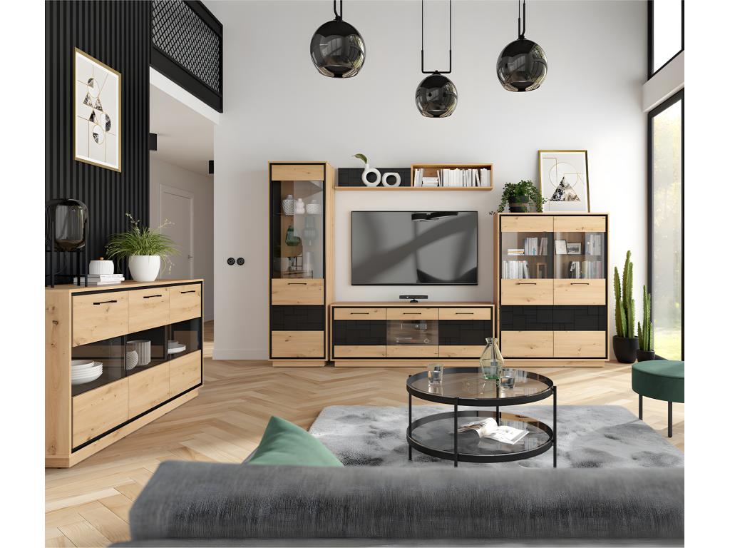 Meubiana 3-Door TV Stand in Wood and Black