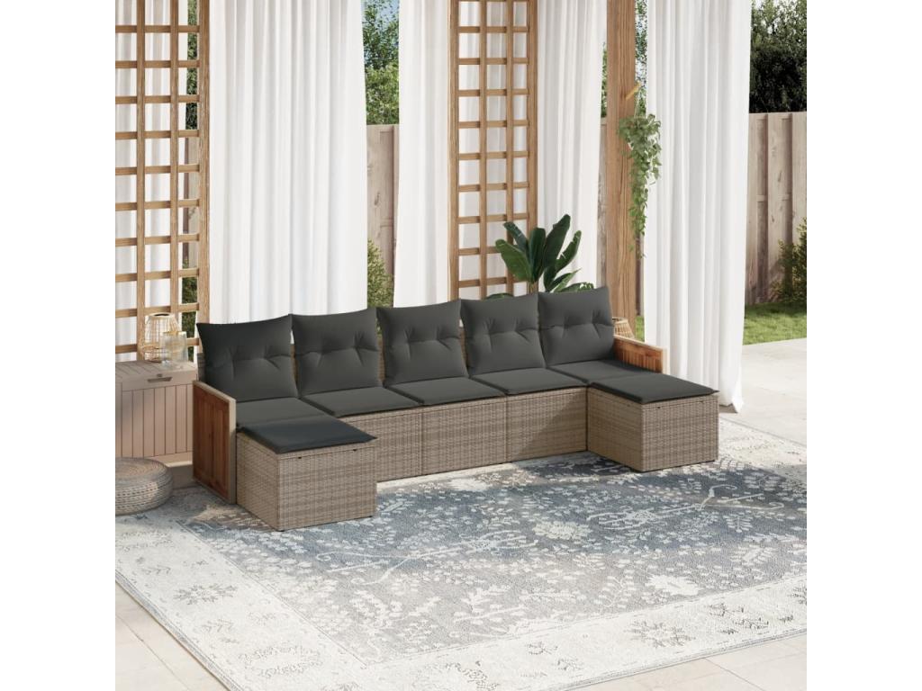 Garden furniture set with cushions, 7 pieces, grey woven resin