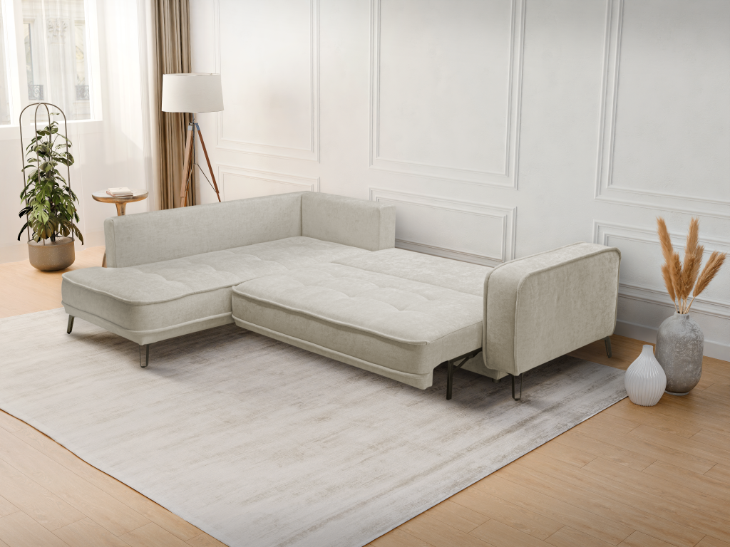 BALCORIA left-hand corner sofa bed in beige fabric by Meubiana