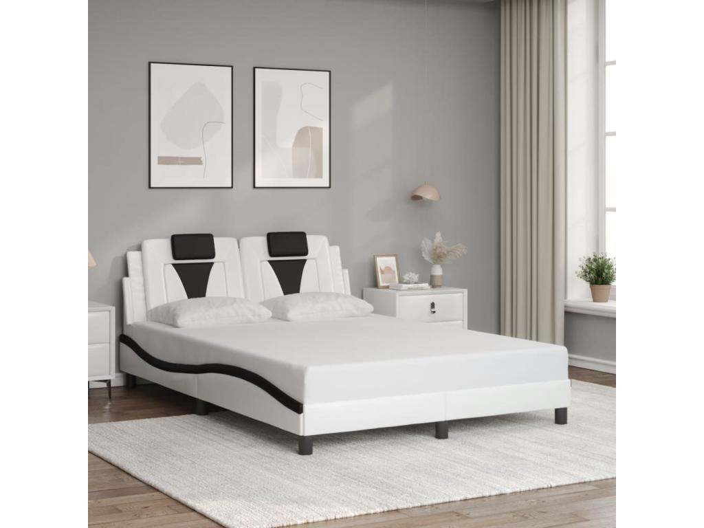 Bed frame with LED lights, white and black, 140x190 cm, faux leather