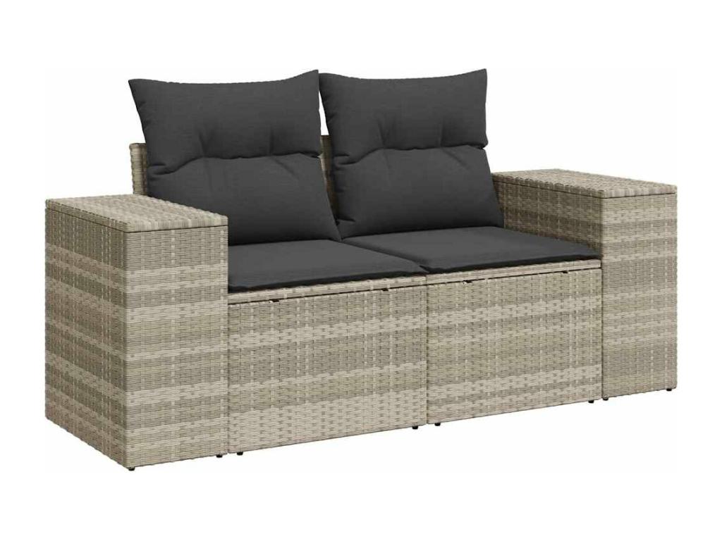 6-piece garden furniture set with light grey cushions, woven resin
