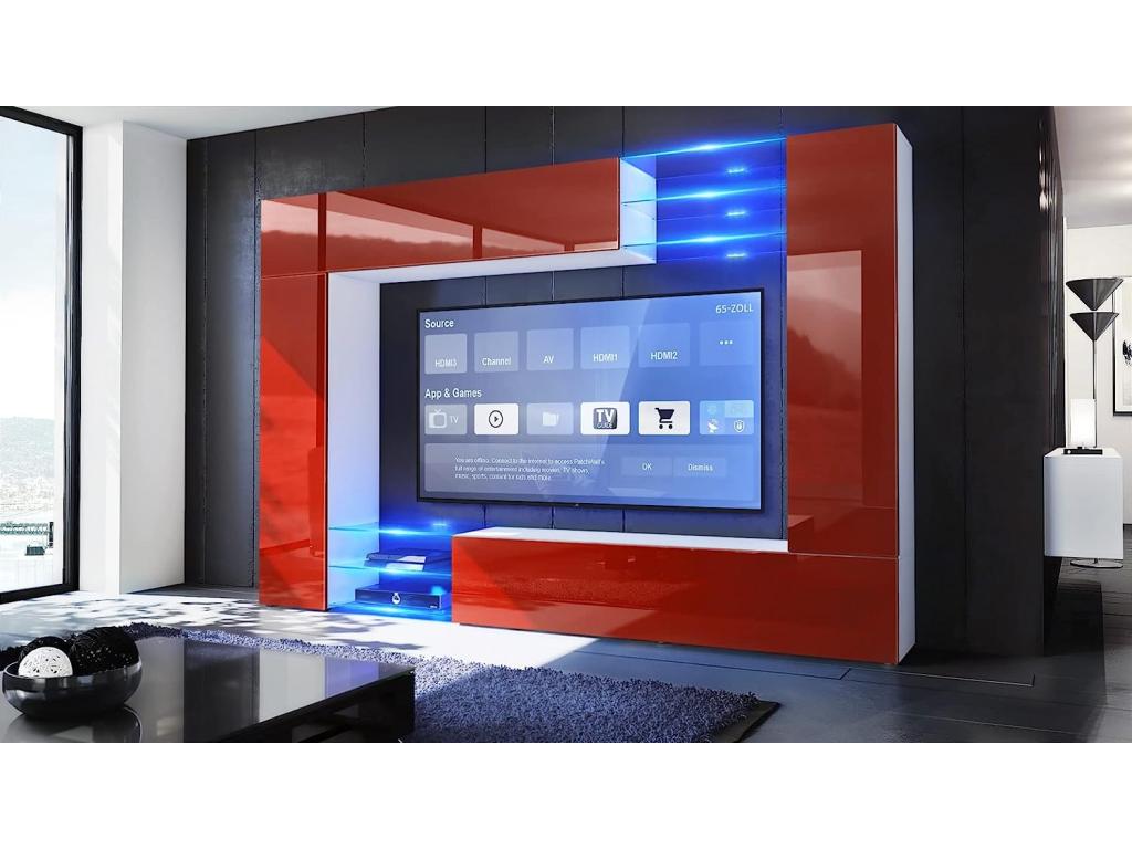 Wall Combination: Body in Matte White/Fronts in High Gloss Burgundy with Blue LED Lighting, 183x262x39