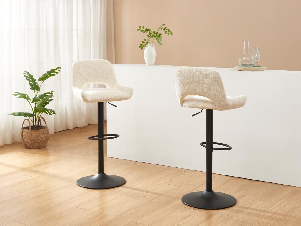 Set of 2 bar stools in textured fabric and black metal - Adjustable height - Cream - Meubiana