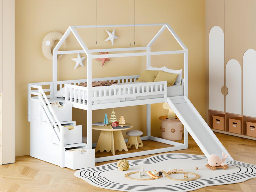 Bunk bed 90x200 cm - with a slide and storage ladder - made of solid wood - with slatted base by Meubiana - White