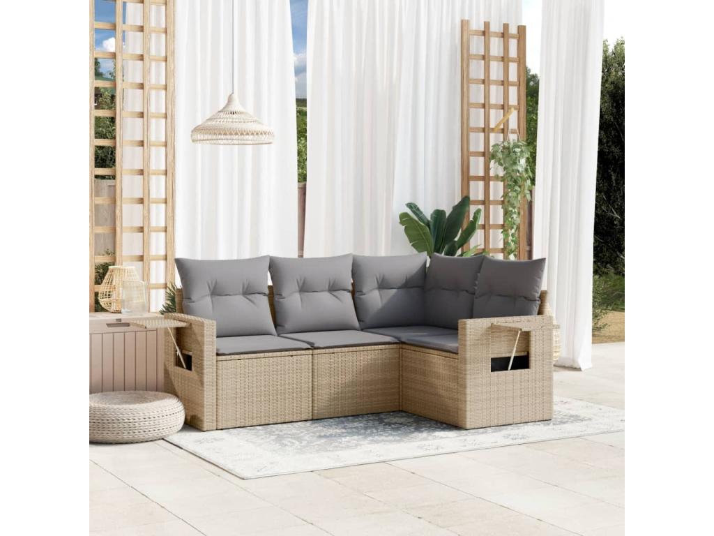 4-piece garden furniture set with cushions, beige woven resin