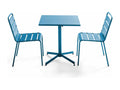 Meubiana square garden table and 2 blue metal chairs