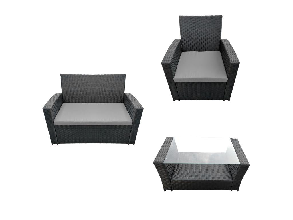 Meubiana 4-seater black resin wicker garden furniture set - grey cushions - Meubiana