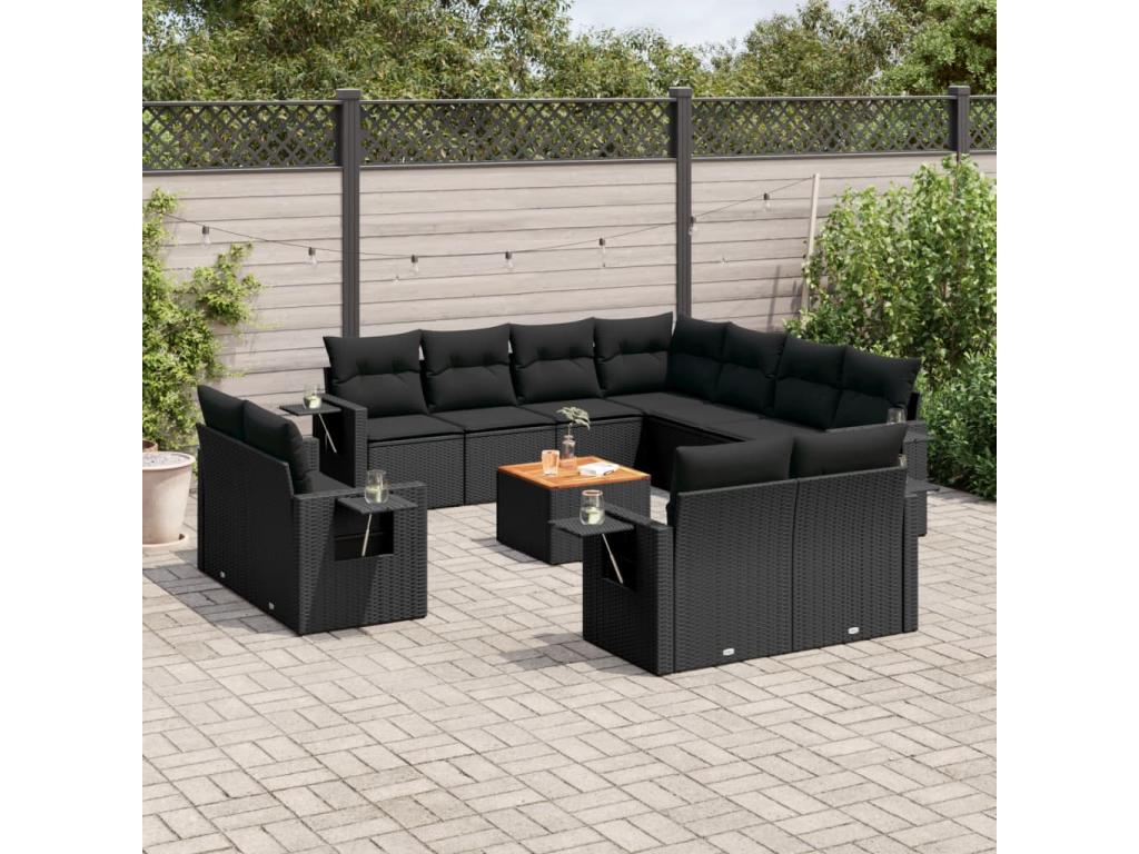 12-piece garden furniture set with cushions, black resin wicker