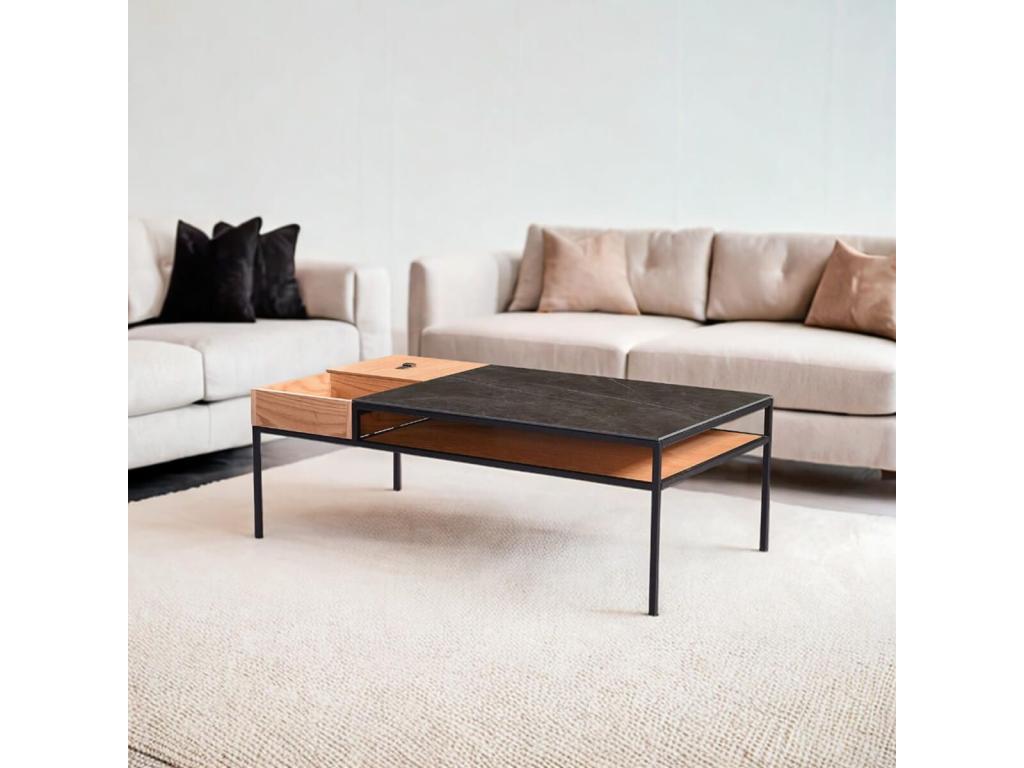 Meubiana - Coffee Table with Oak Effect, Ceramic and Black Metal