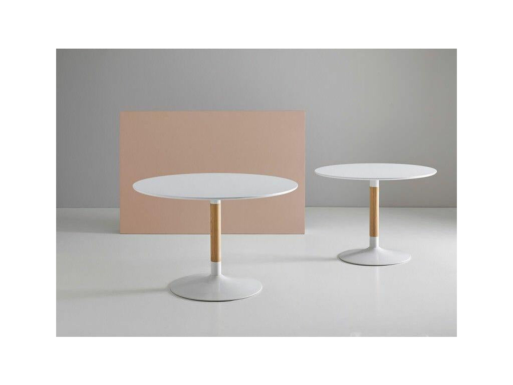 Meubiana 100cm Round Dining Table in White Lacquered Wood and White Metal Legs