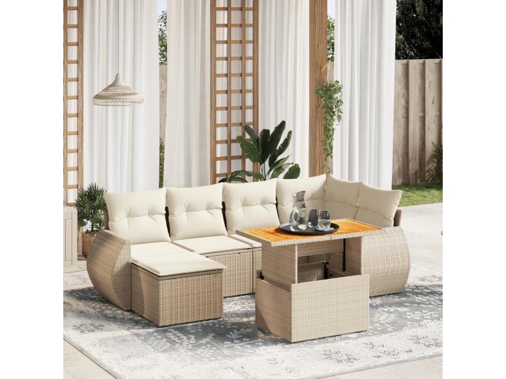 7-piece garden furniture set with cushions, beige woven resin