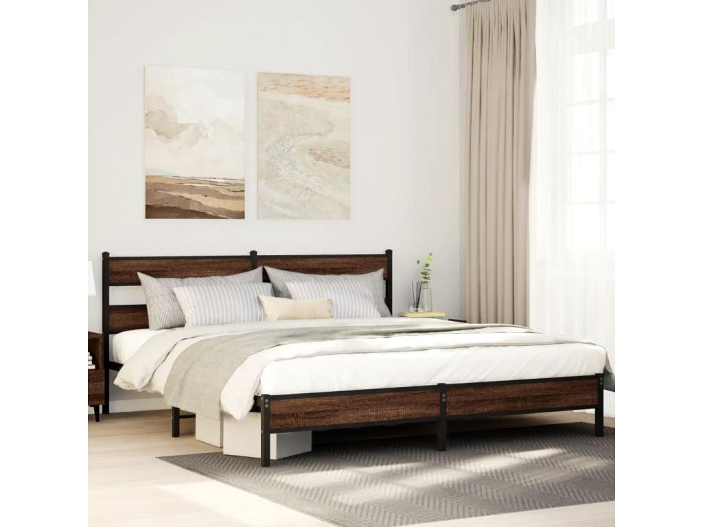 Metal bed frame without mattress, brown oak, 180x200 cm