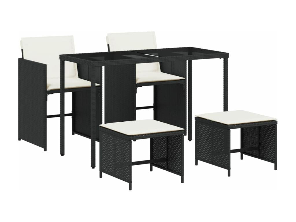 5-piece garden dining set with cushions, black woven resin