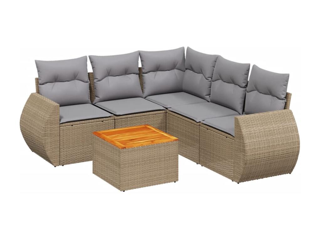 6-piece garden furniture set with cushions, beige woven resin