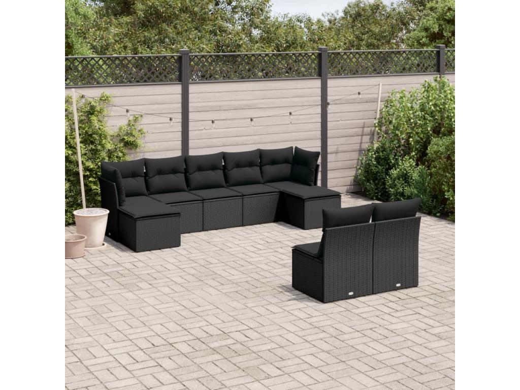 9-piece garden furniture set with cushions, black woven resin