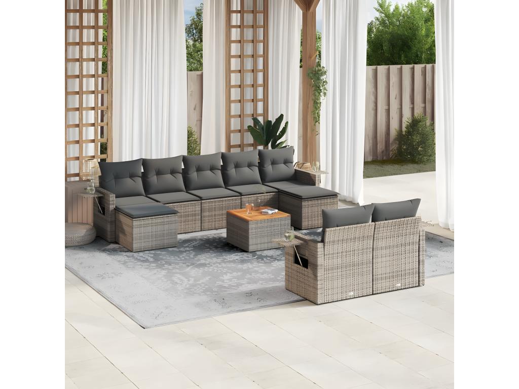 Garden furniture set with 10 cushions, grey woven resin