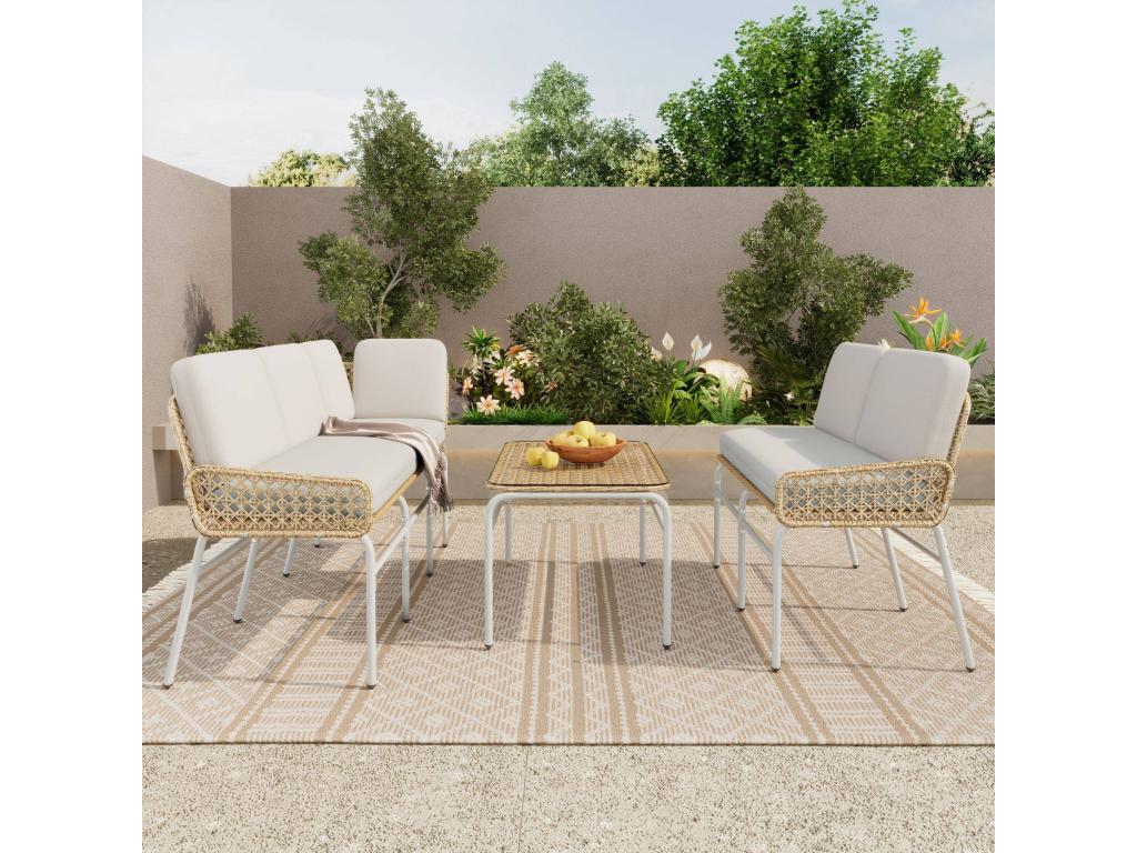 Meubiana sofa for 4-5 people with corner sofa, tempered glass table and apricot grey and natural colour cushions